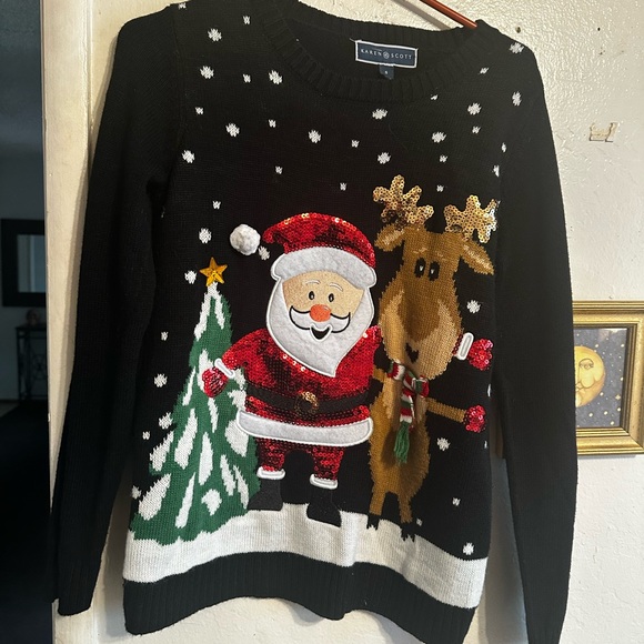Black Christmas Sweater with Santa and Reindeer ugly Christmas sweater - Picture 1 of 3
